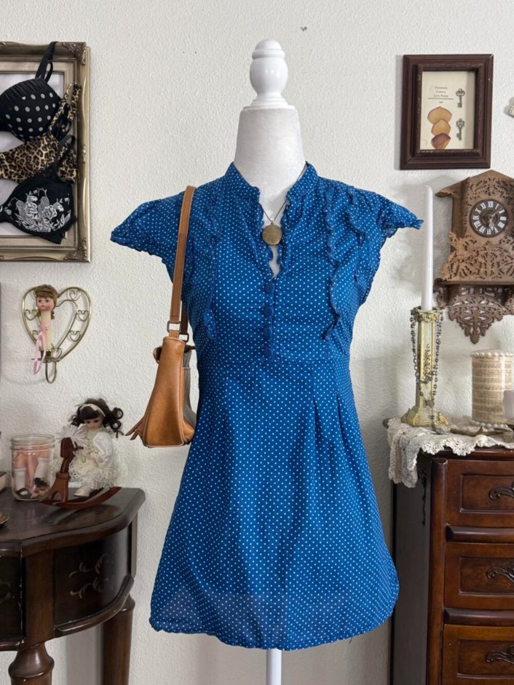 Y2k twee preppy girly grunge blue polkadot ruffled cap sleeve tunic babydoll top